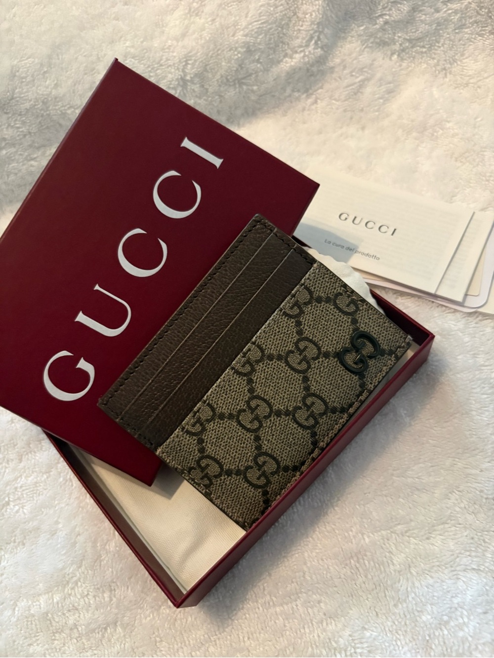 Gucci Brown GG Supreme Card Holder with Leather Trim